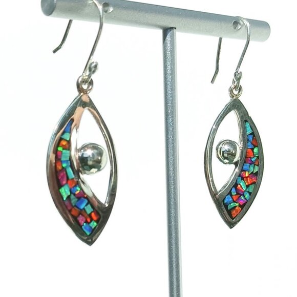 Rainbow Tear Drop Statement Earrings - Lab Grown Opal Sterling Silver for her - Picture 5 of 7